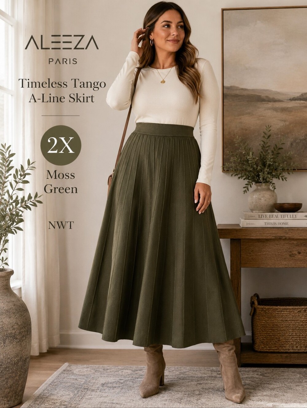 Aleeza Paris Timeless Tango A-Line Skirt 2X Moss Green NWT Stretch Knit